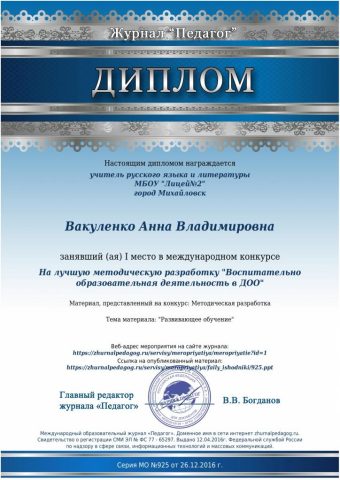 Документ преподавателя Вакуленко Анна  Владимировна