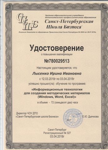 Документ преподавателя Лысенко Ирина Ивановна