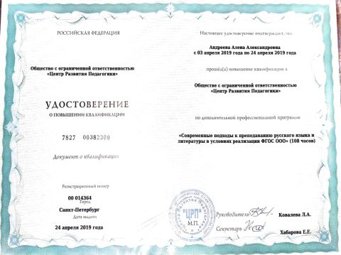 Документ преподавателя Андреева Алена Александровна