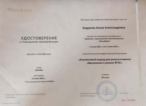 Документ преподавателя Андреева Алена Александровна
