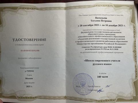 Документ преподавателя Васильева Татьяна Петровна