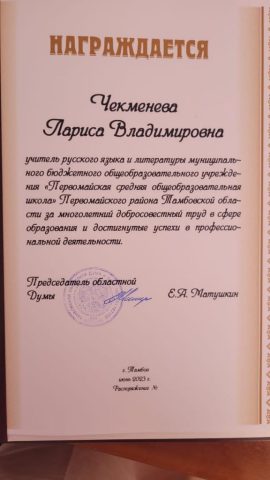 Документ преподавателя Чекменева Лариса Владимировна