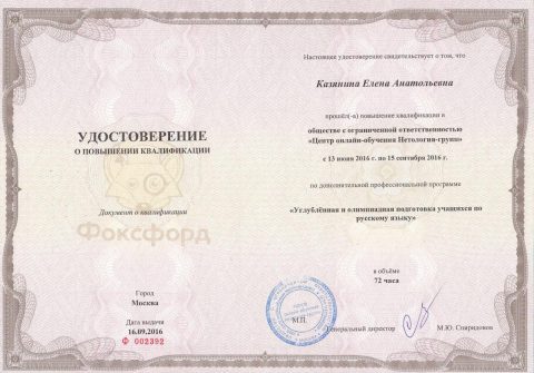 Документ преподавателя Казянина Елена Анатольевна