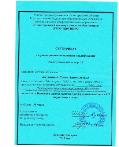 Документ преподавателя Казянина Елена Анатольевна