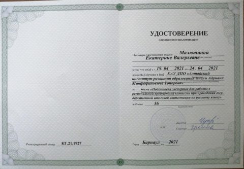 Документ преподавателя Малютина Екатерина Валерьевна