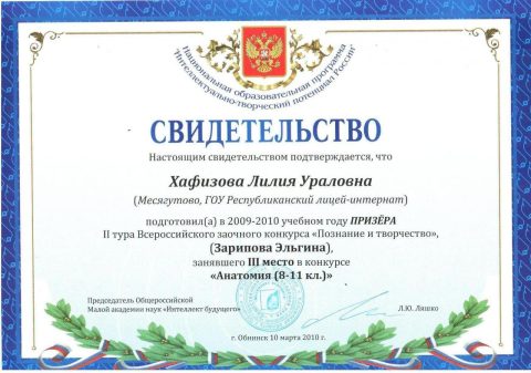 Документ преподавателя Хафизова Лилия Ураловна