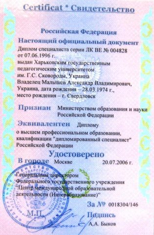 Документ преподавателя Малышев Александр Владимирович